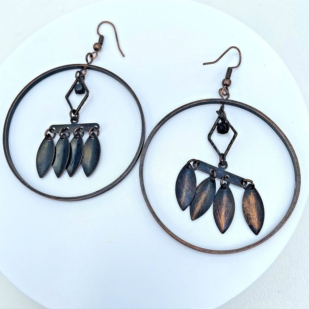 Vintage 90s Copper Tone Geometric Hoop Dangle Earrings Women's Classic Jewelry